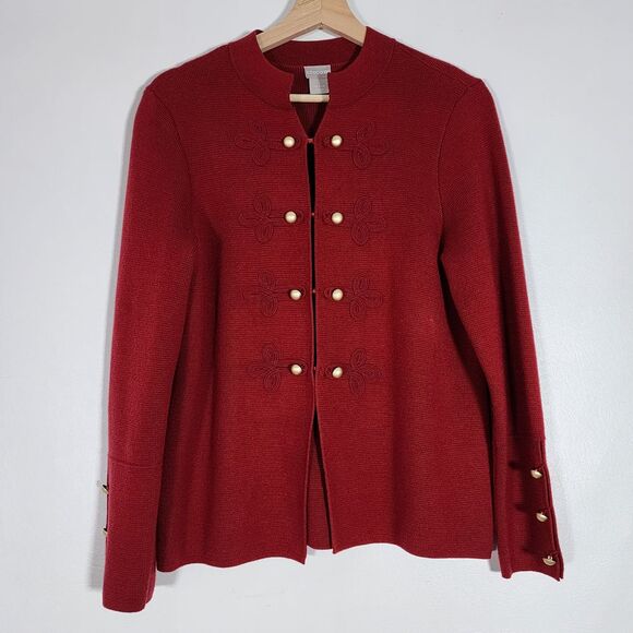 Chico's red Military Style sweater jacket cardigan gold buttons womens sz 1 S/8‎ - Picture 1 of 8